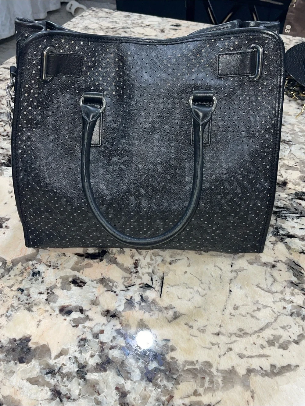 MICHAEL Michael Kors Black Perforated Leather Tote with Silver Hardware